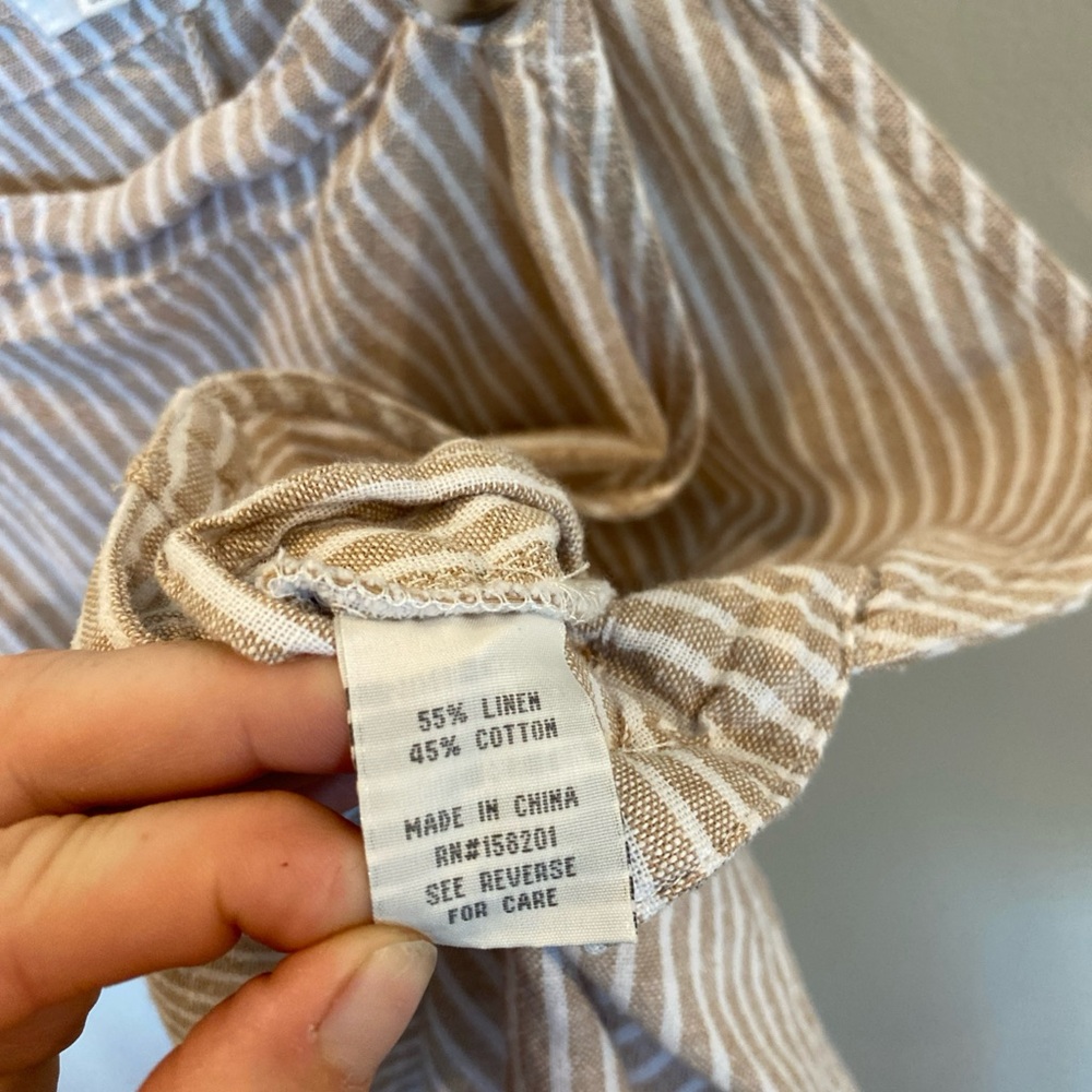 Cali 1850 Women Dress Large Beige White Stripe Overall Linen Blend Pockets Mini - Picture 4 of 5